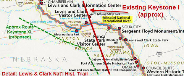 Detail of the Lewis & Clark Nat'l Historical Trail, showing the approximate routes of the existing Keystone I Pipeline (red) and proposed Keystone XL (green).